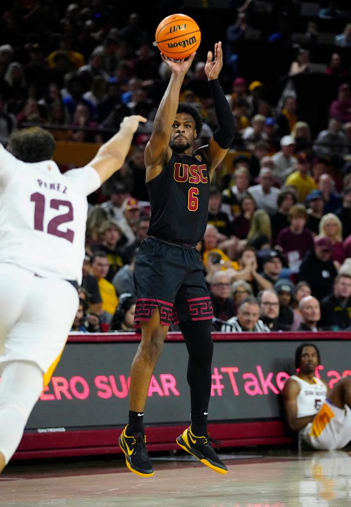 USC guard Bronny James shoots the basketball.